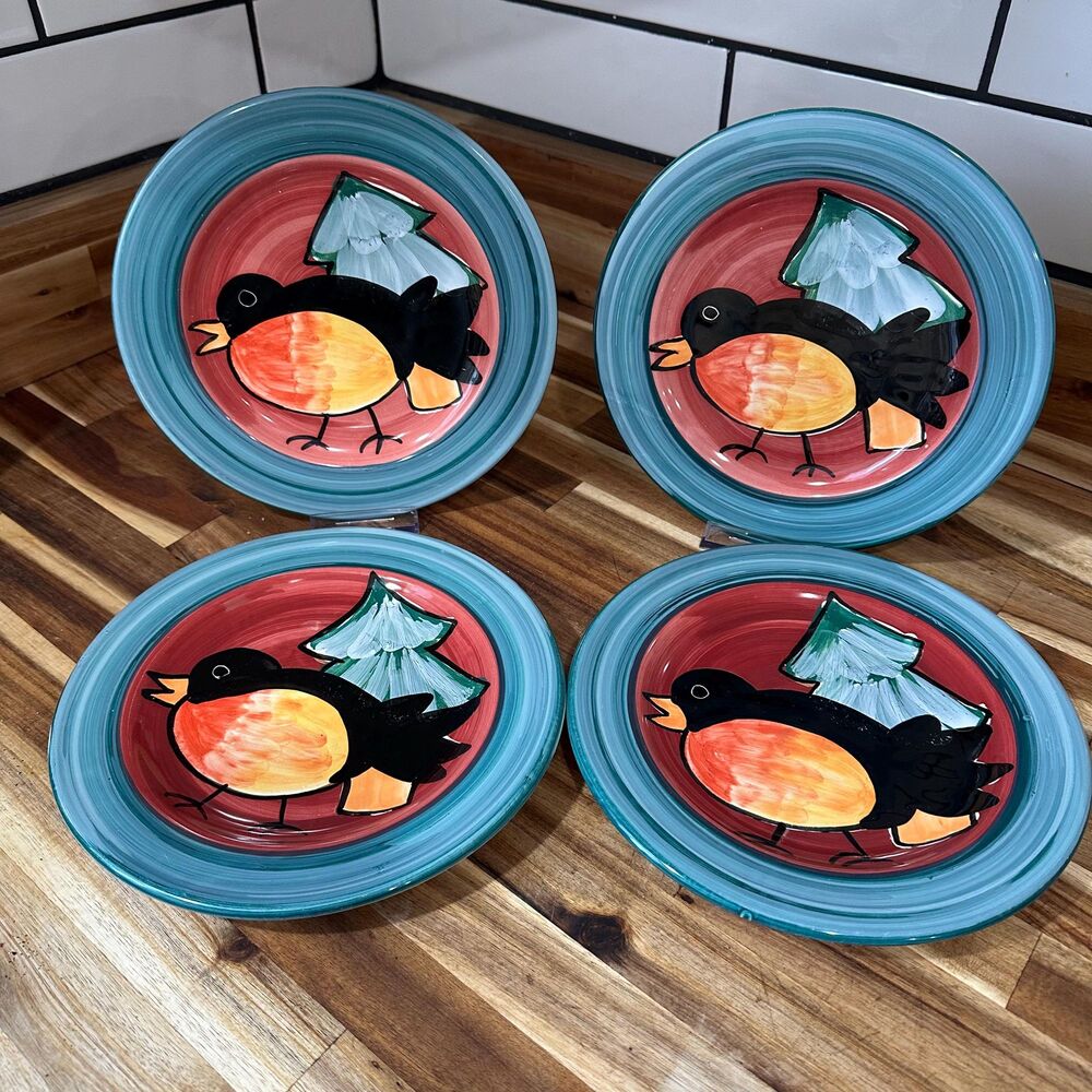 Vintage Artico by Vietri Italy Set of 4 Bird Salad Plates - Hand-Painted Italy